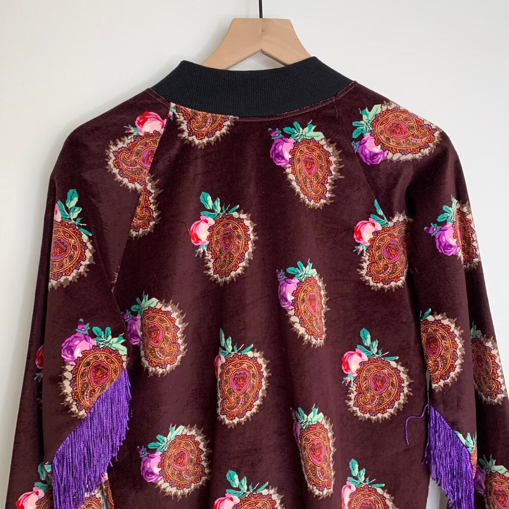 Moon & Nomad Mixed Emotions Velvet Bomber Jacket Burgundy Purple Fringe Medium - Picture 7 of 14
